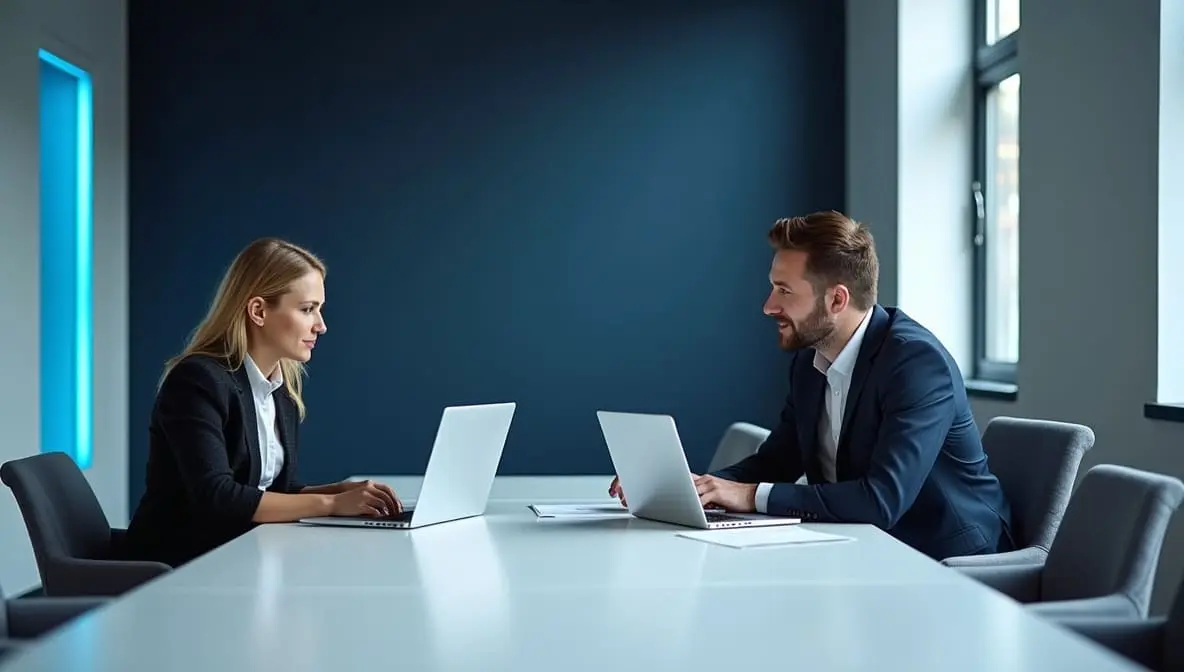 Consultores alinhando estratégia digital em reunião de negócios